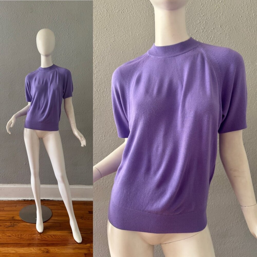 Vintage 70s Lavender Purple Mock Knit Pullover Sweater Top S